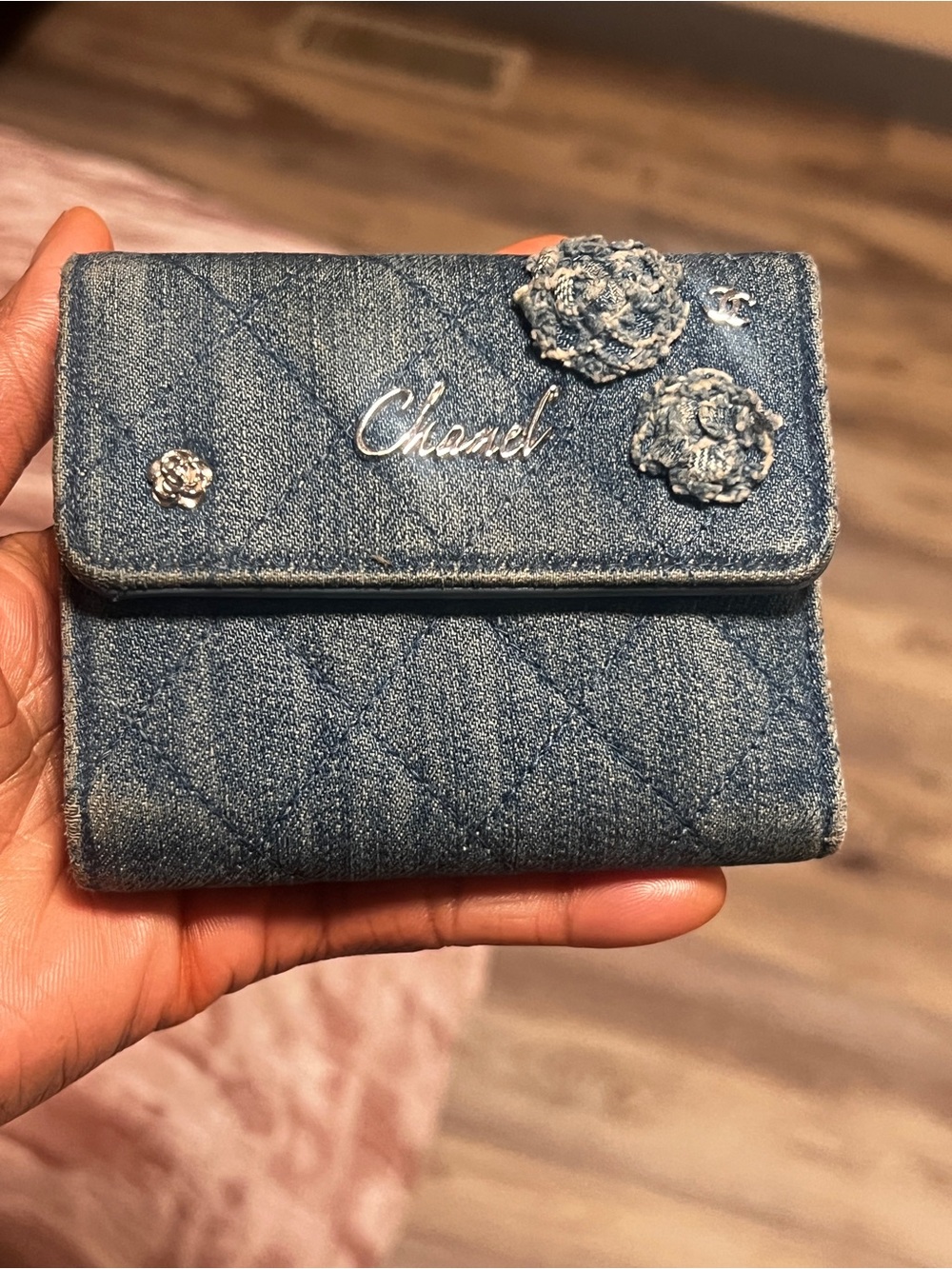 Chanel Denim Quilted Distressed bi-fold Wallet  Camellia Embellishments - Blue